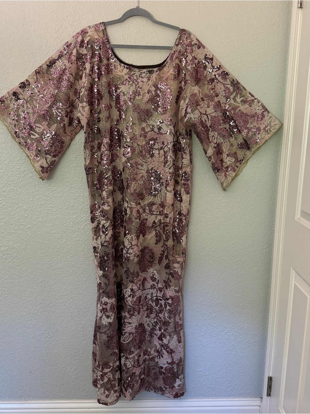 Vintage 1970s Volup Semi-Sheer Lilac and Mauve Sequin Floral Maxi Dress Kaftan